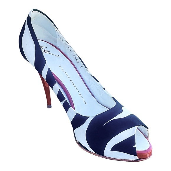 Giuseppe Zanotti Peep Toe Black and White Zebra Print Red Heels Shoes 10.5 B - Picture 4 of 7